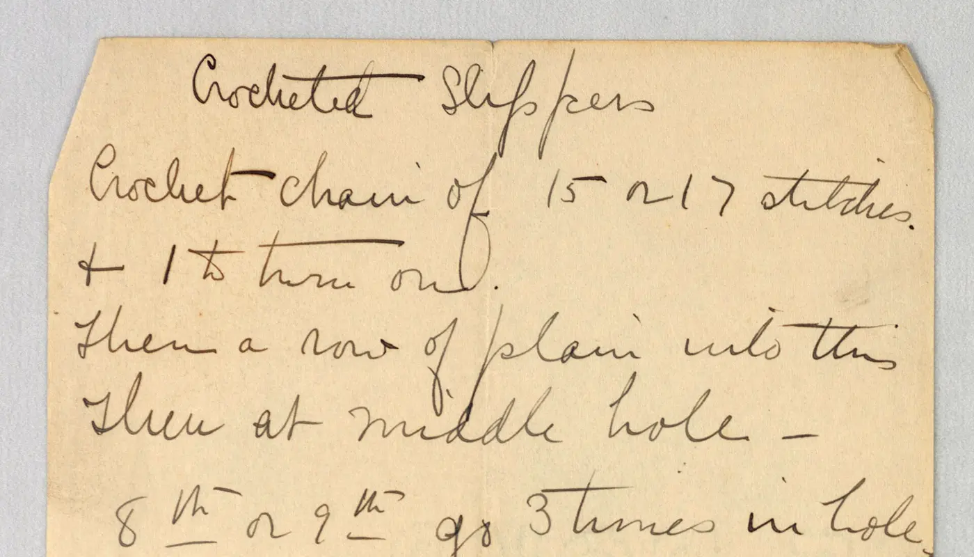 Handwritten Note, Manuscript Page with Instructions for Crocheting Slippers, 1900–05 (CH 18683909)